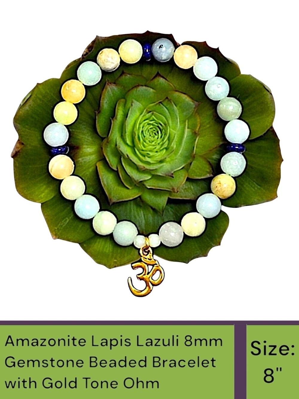 Amazonite Lapis Lazuli 8mm Gemstone Bead 8 Inch Bracelet with Ohm Charm